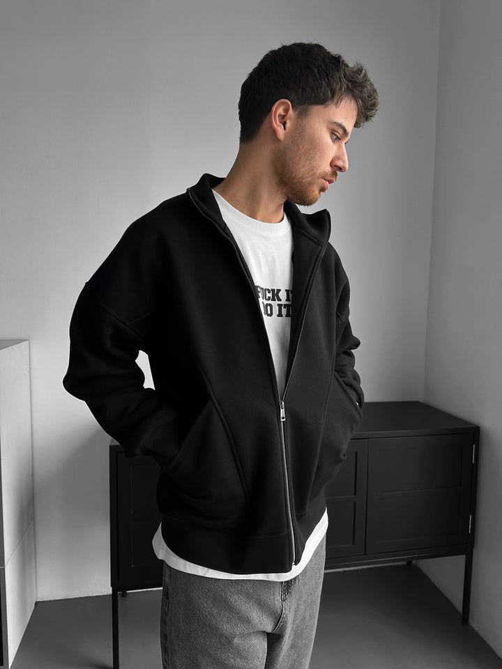 Loose Fit Basic Zipper Jacket - Black
