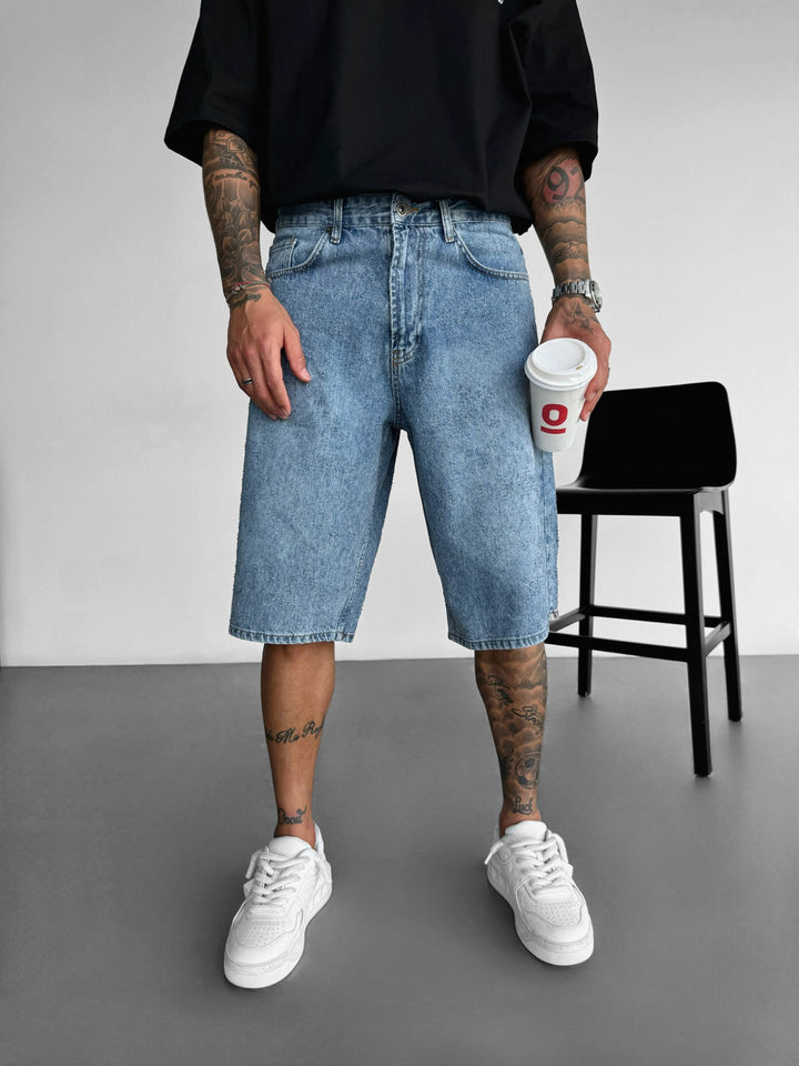 Loose Fit Scrubbed Out Jeans Shorts - Blue