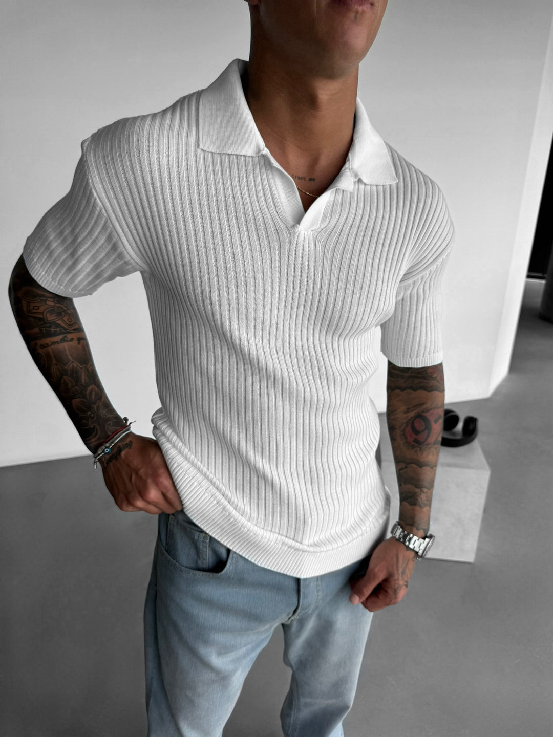 Slim Fit Knit Polo T-Shirt - White