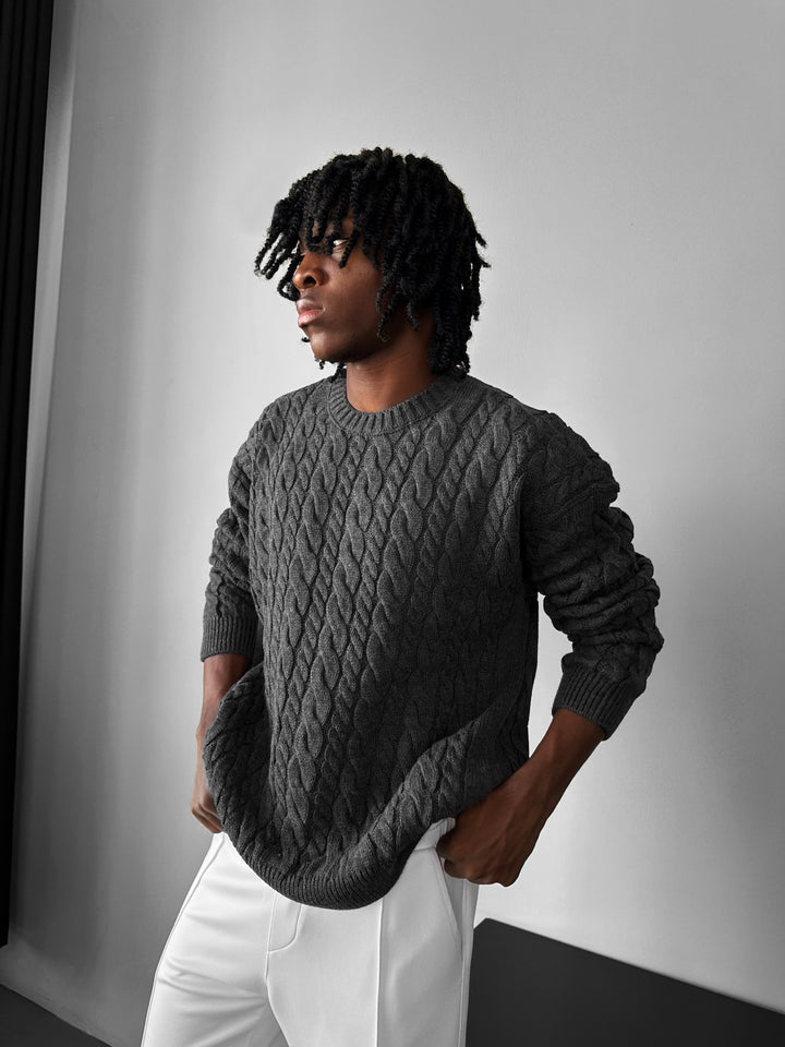 Oversize Knit Braid Sweater - Anthracite