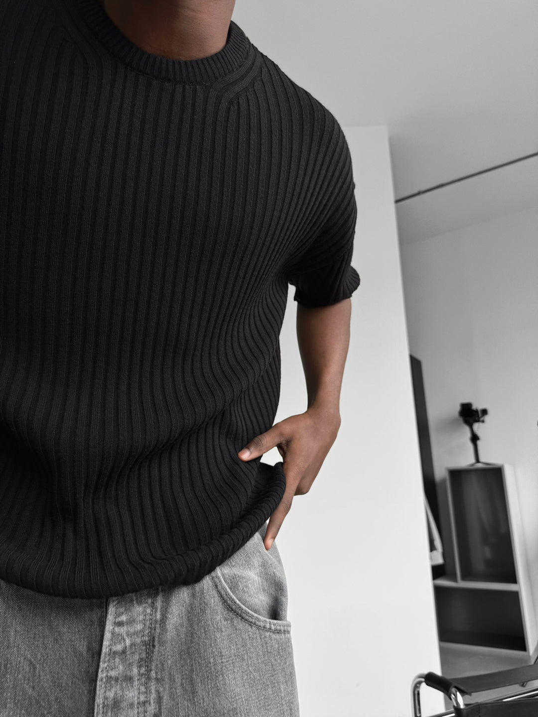 Loose Fit Ribbed Knit T-Shirt - Black
