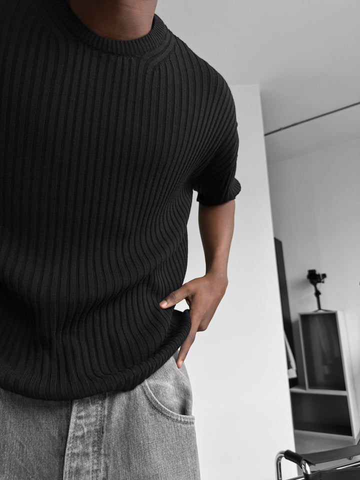 Loose Fit Ribbed Knit T-Shirt - Black