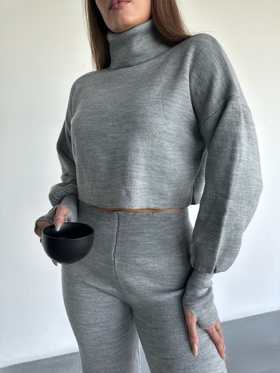 Balloon Arm Short Sweater - Grey