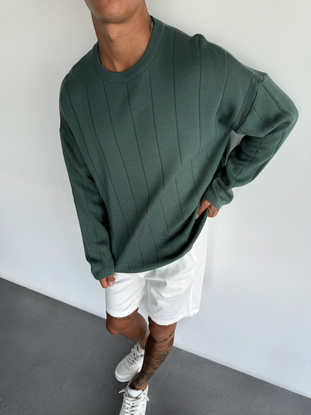 Oversize Lines Knit Sweatshirt - Petrol