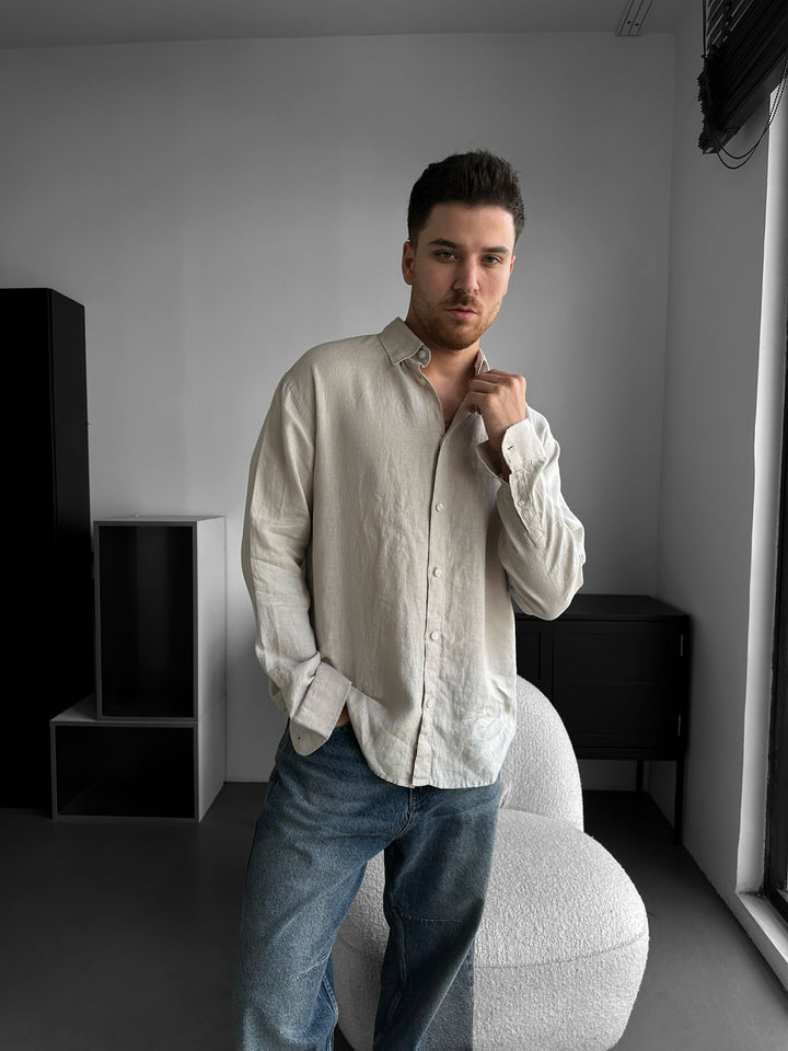 Regular Fit Long Arm Linen Shirt - Milky Brown