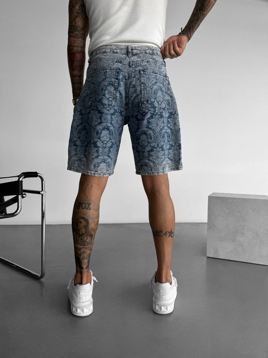 Loose Fit Damask Shorts - Blue