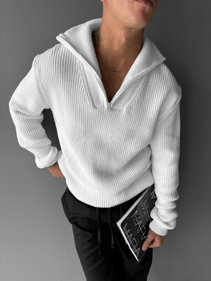 Oversize Collar Zipper Knit Sweater - White