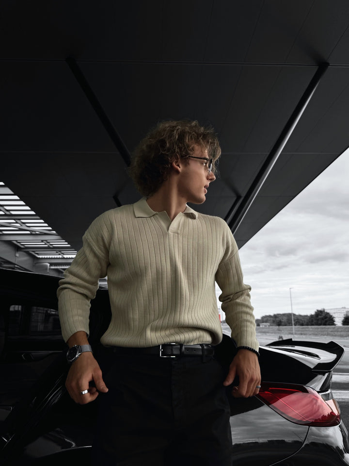 Oversize Wide Ribbed Long Arm Knit Polo Sweatshirt - Stone
