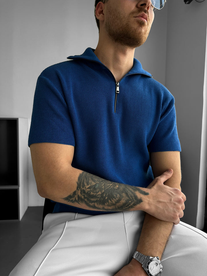 Oversize Zip Neck Knit T-shirt - Sax