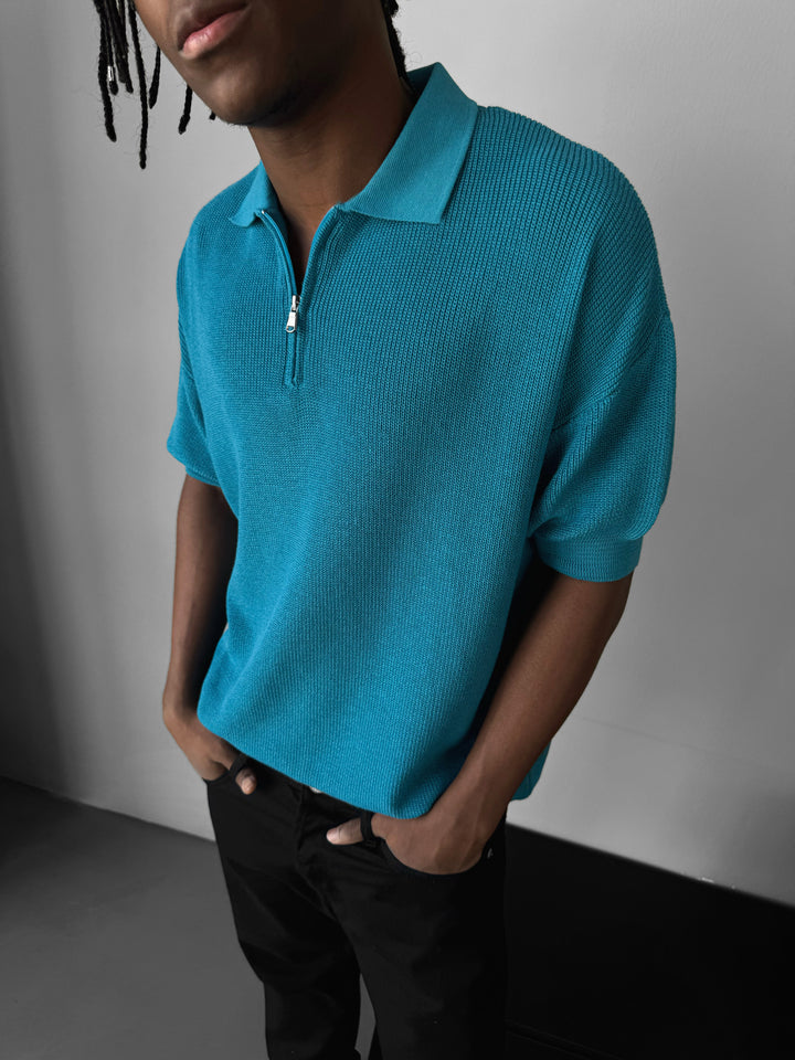 Oversize Zipper Knit Polo T-shirt - Blue