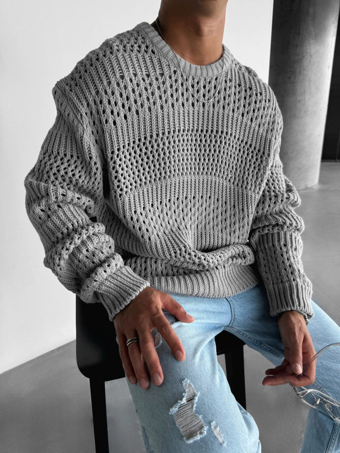 Oversize Holey Knit Sweater - Grey