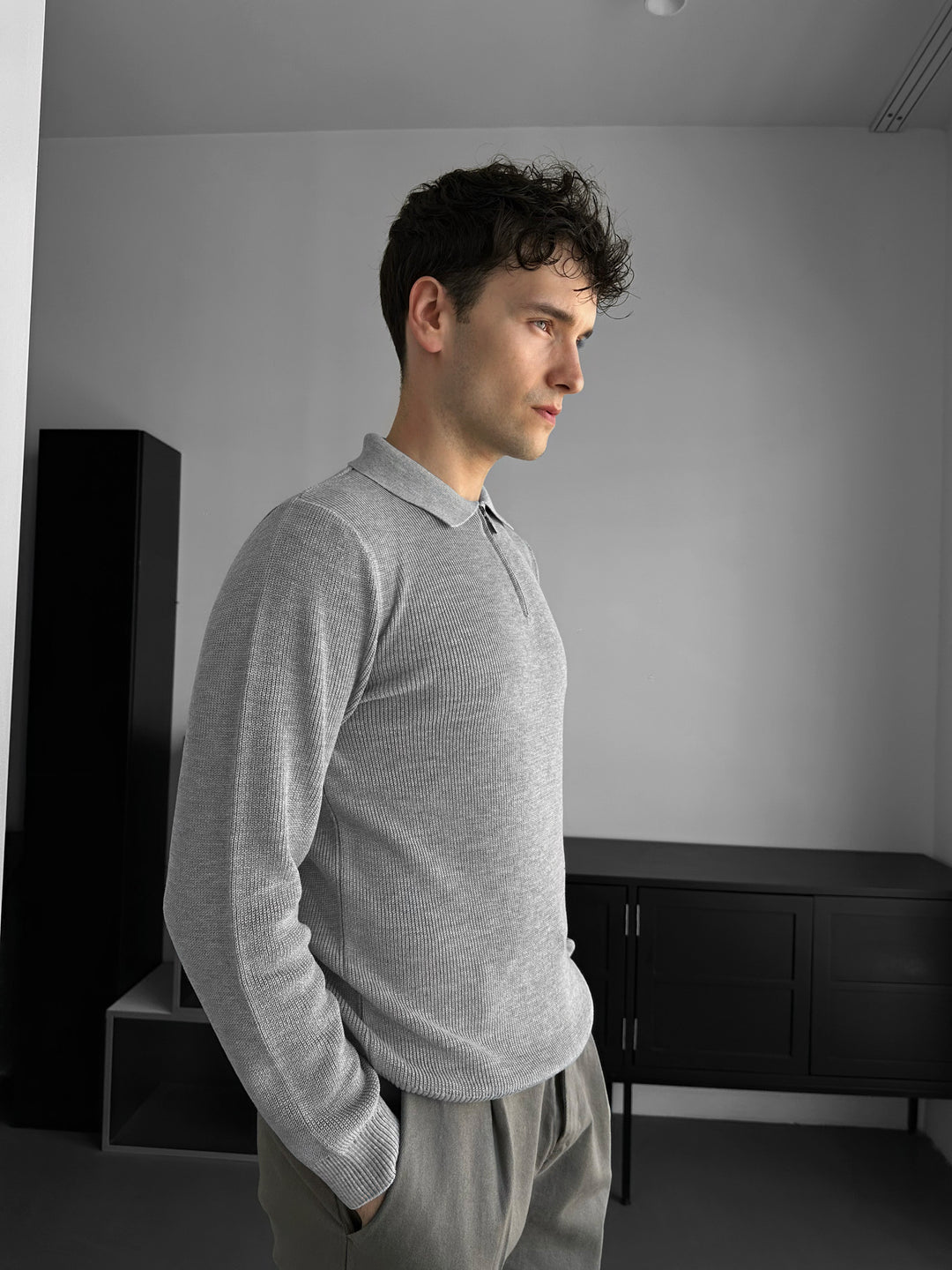 Loose Fit Polo Knit Sweater - Grey