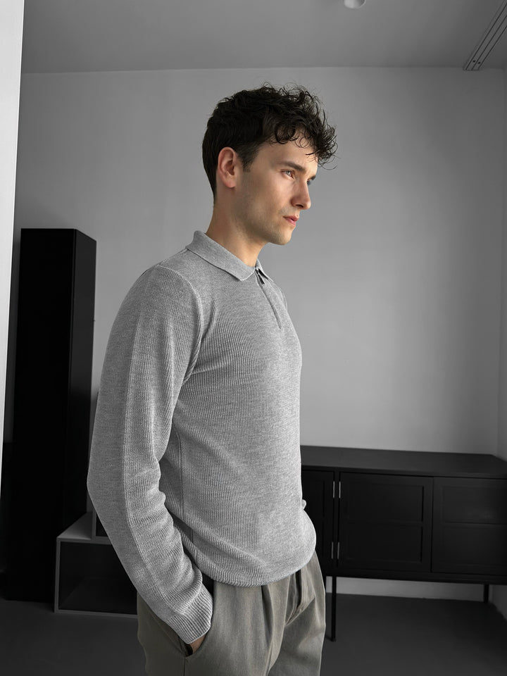 Loose Fit Polo Knit Sweater - Grey