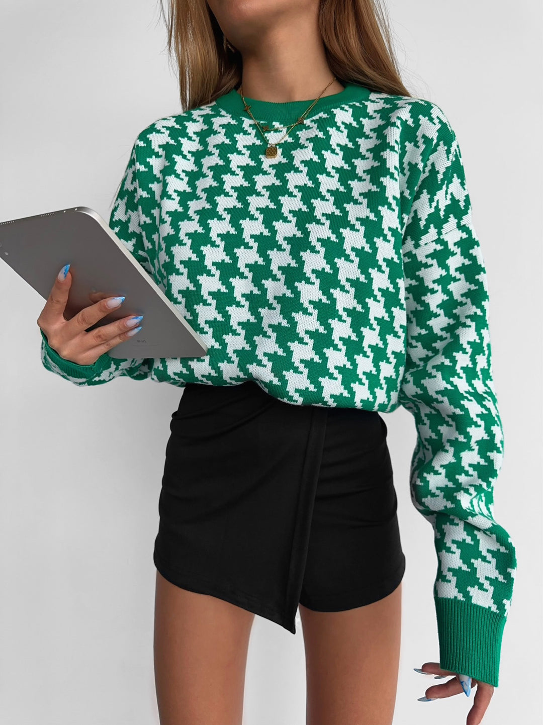 Oversize Houndstooth Pullover - Green