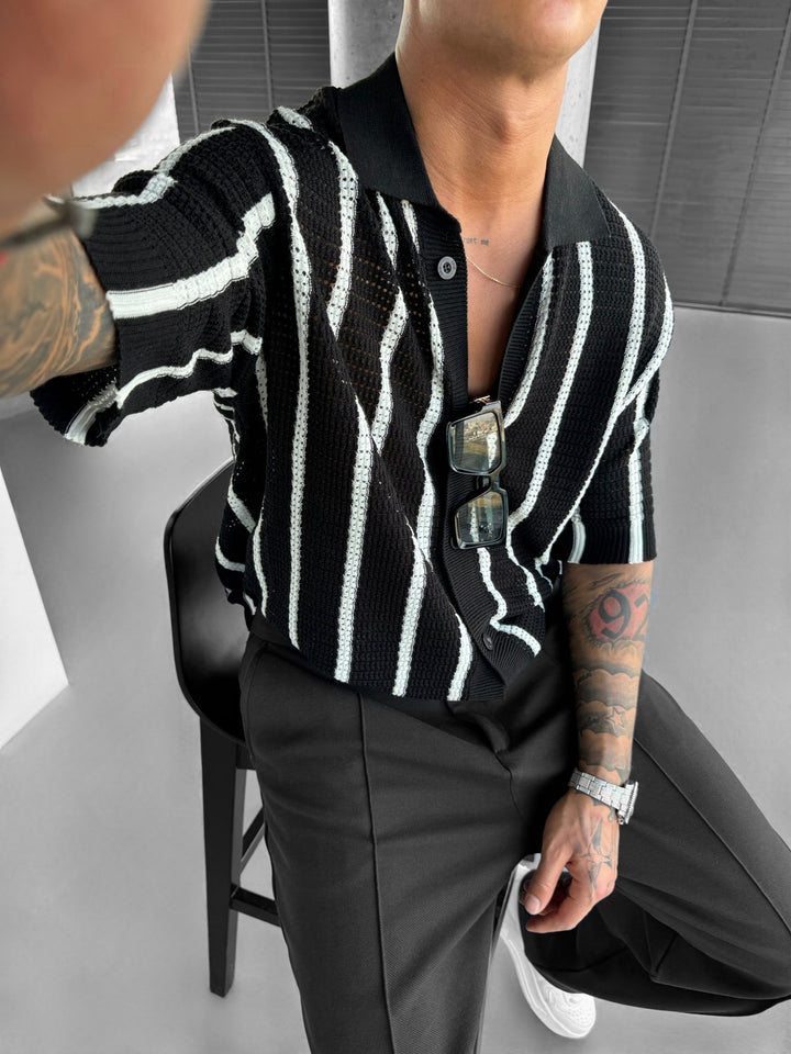 Oversize Knit Lines Shirt - Black and White