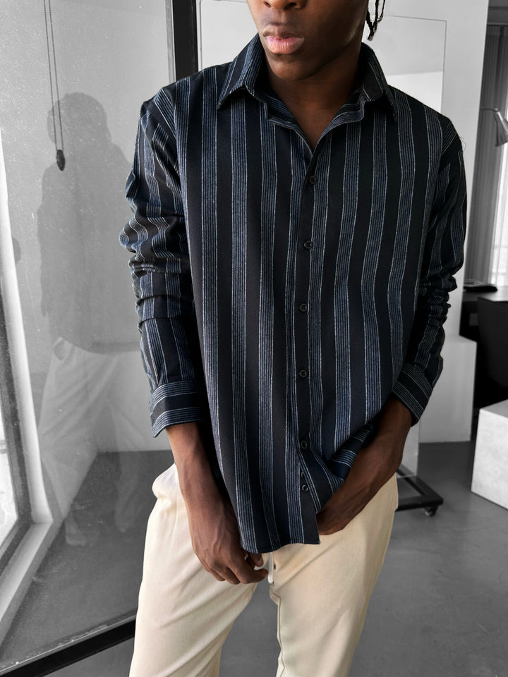 Thick Striped Winter Shirt - Navy Blue