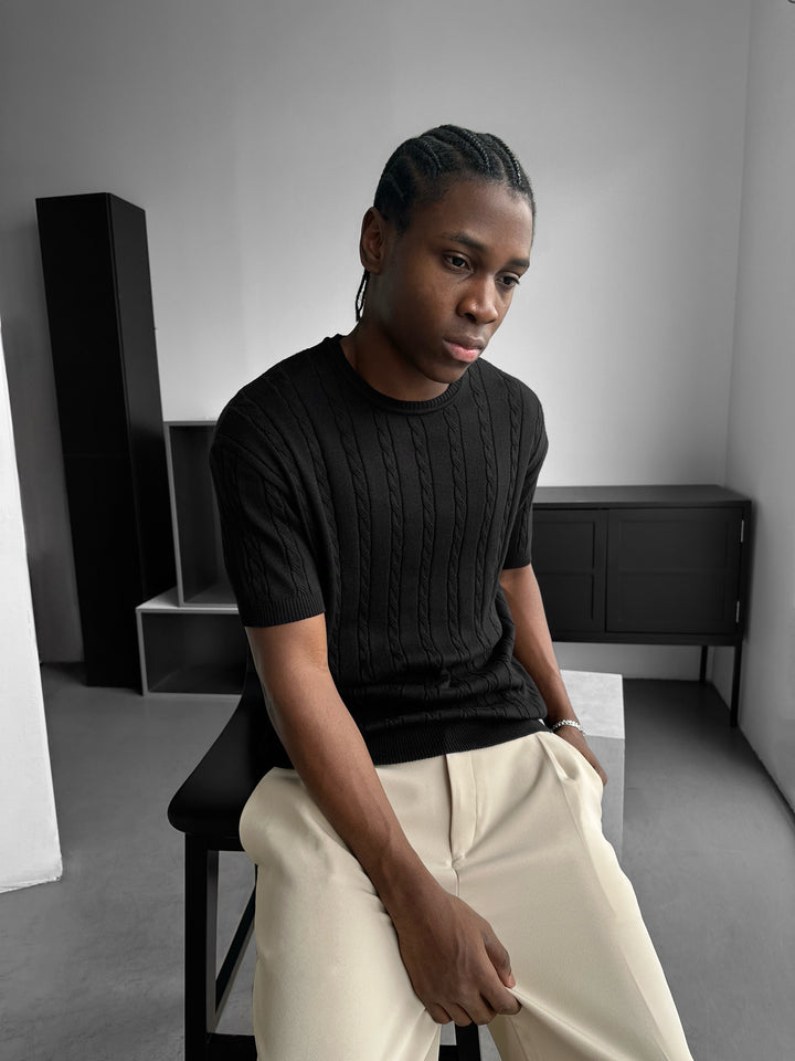 Loose Fit Braid Knit T-Shirt - Black