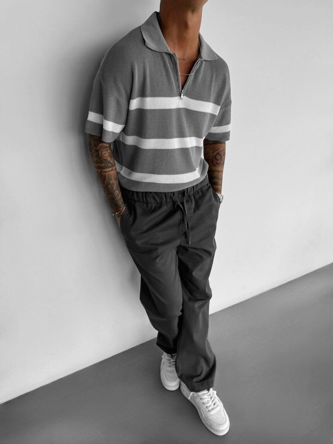 Regular Knit Zipper T-shirt - Grey