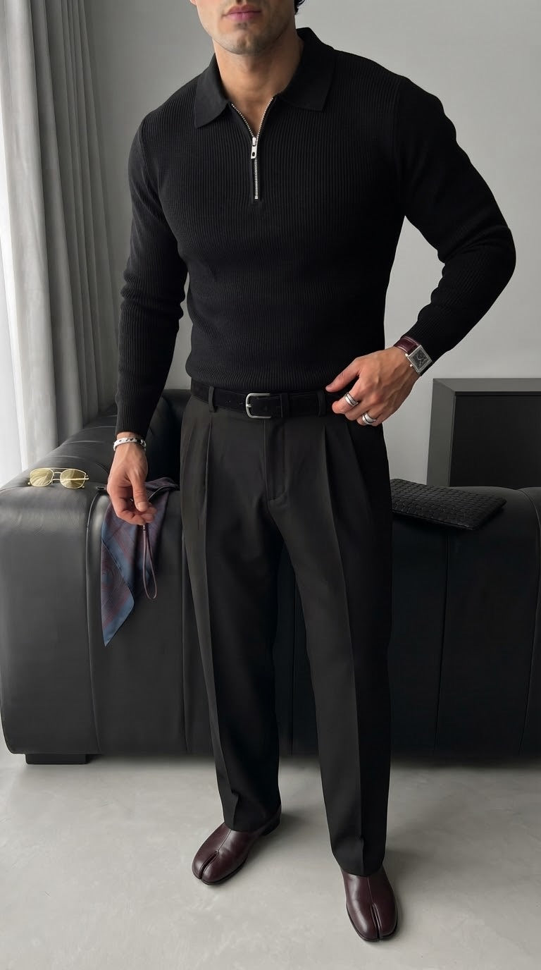 Loose Fit Polo Knit Sweater - Black