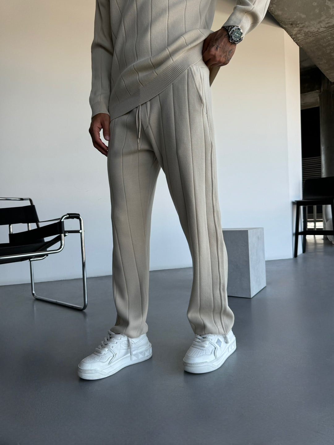 Loose Fit Lines Knit Pants - Stone