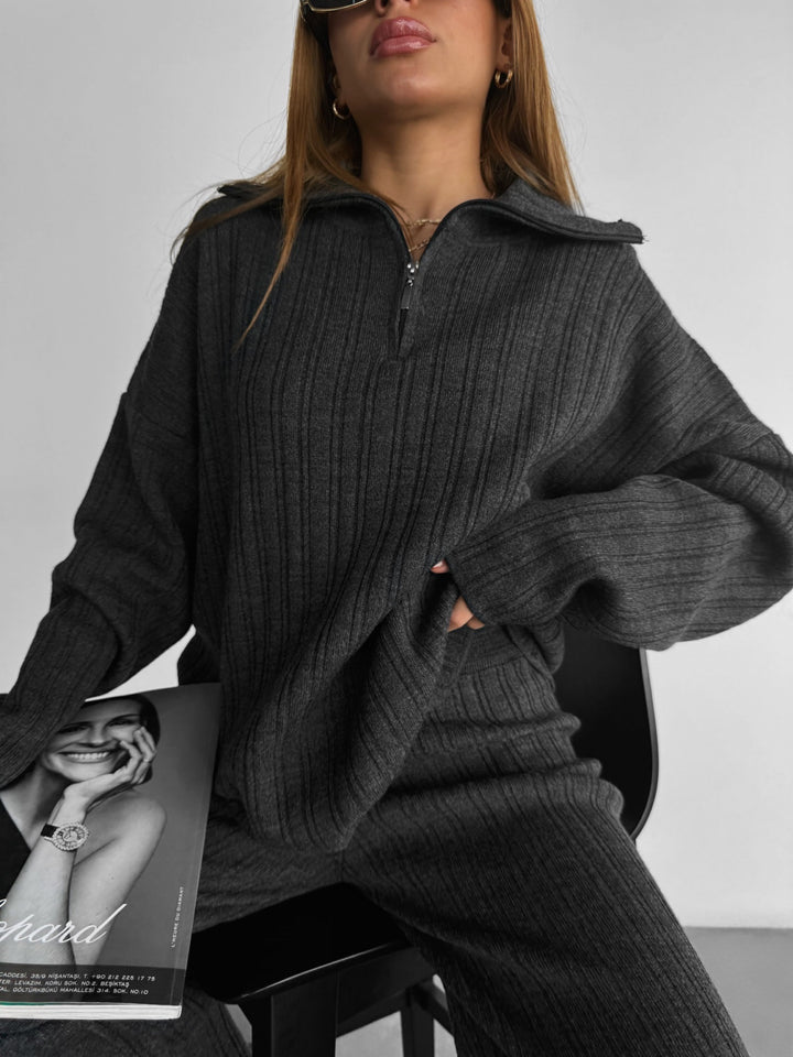 Oversize Knit Zipper Sweater - Anthracite