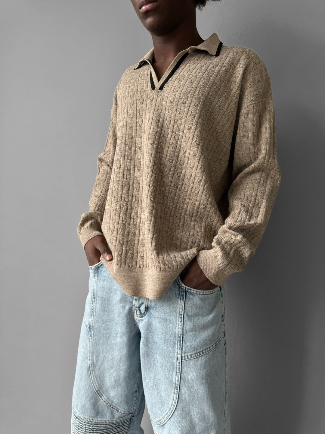 Oversize Structured Polo Sweater - Beige