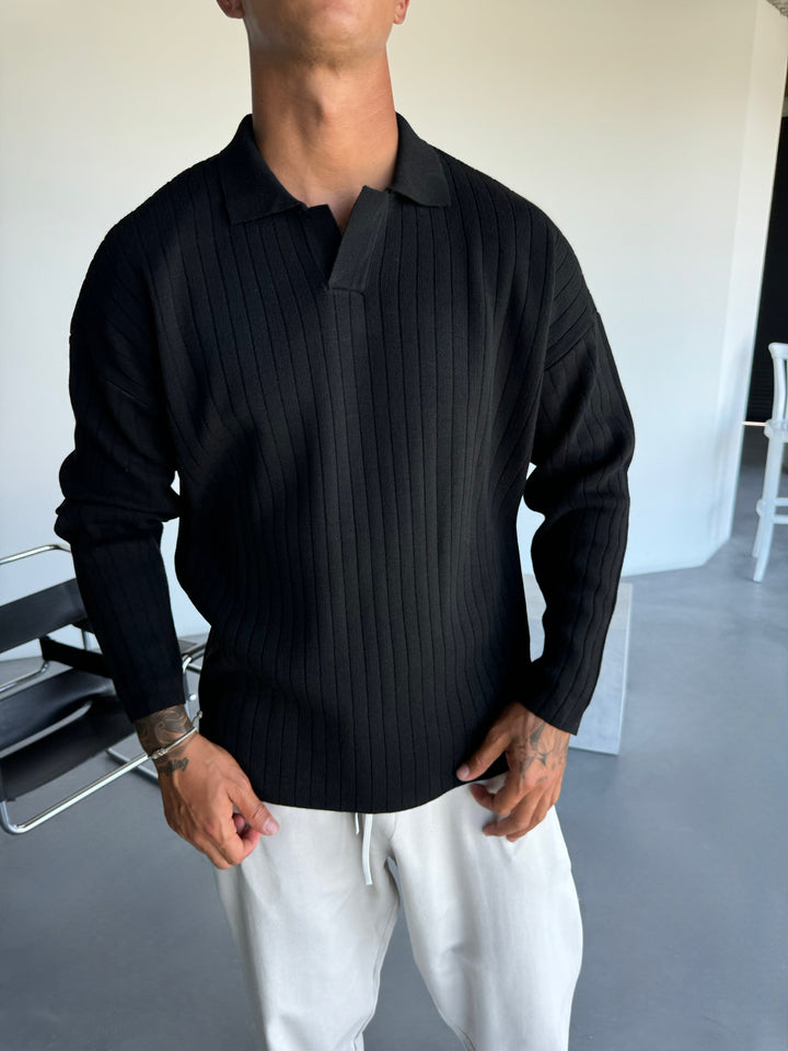 Oversize Wide Ribbed Long Arm Knit Polo Sweatshirt - Black