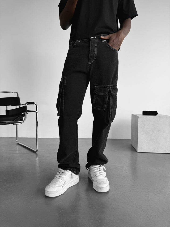 Baggy Cargo Jeans with Pockets - Black