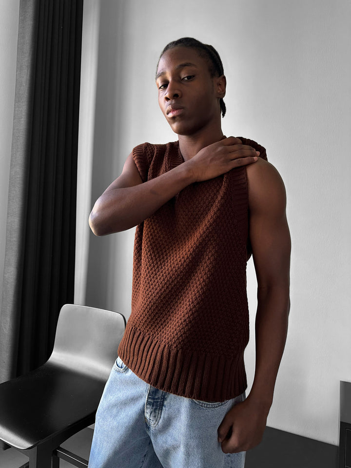 Loose Fit Knotted V Neck Pullunder - Dark Brown