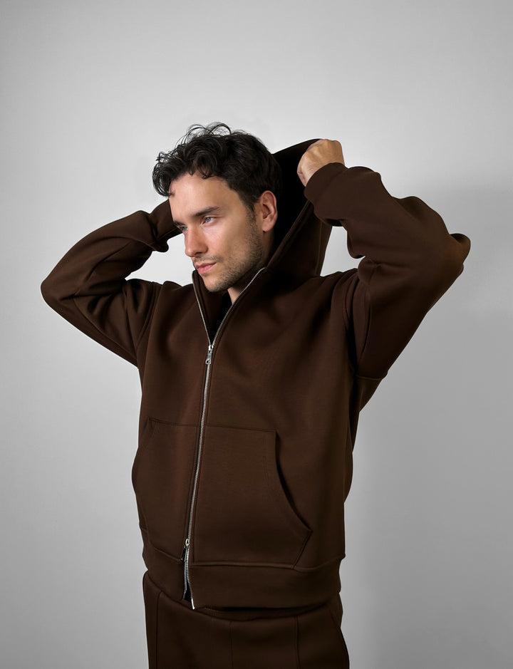 Loose Fit Double-Zip Hoodie - Brown