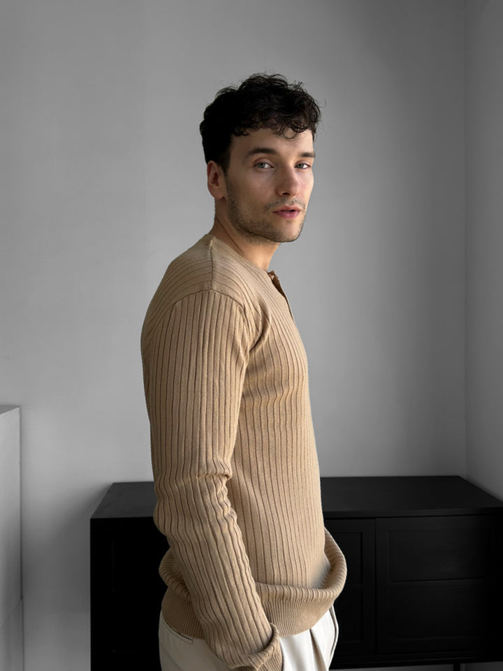 Slim Fit Button Knit Sweater - Beige