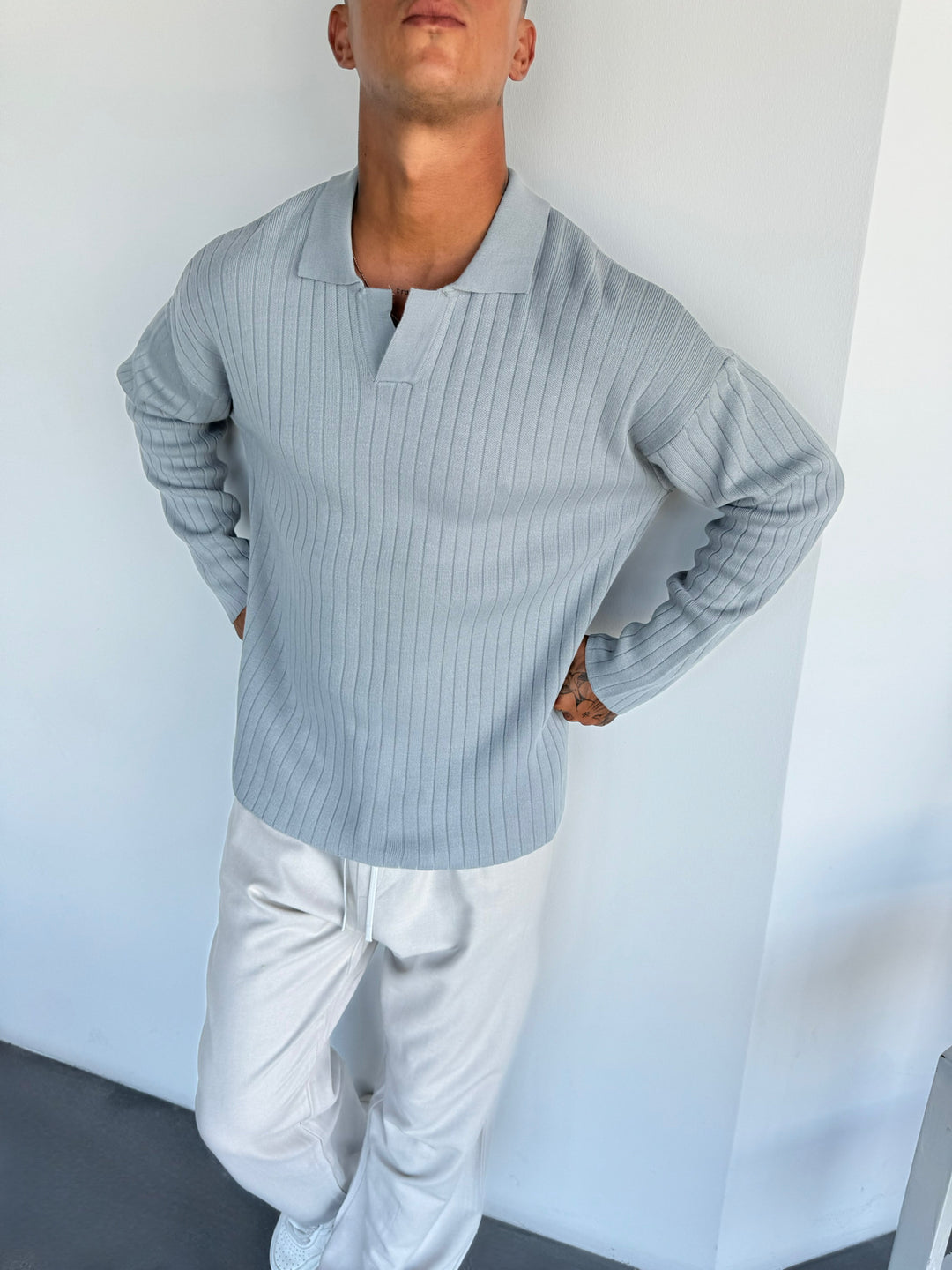 Oversize Wide Ribbed Long Arm Knit Polo Sweatshirt - Grey