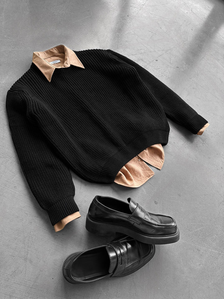 Oversize Structured Knit Sweater - Black