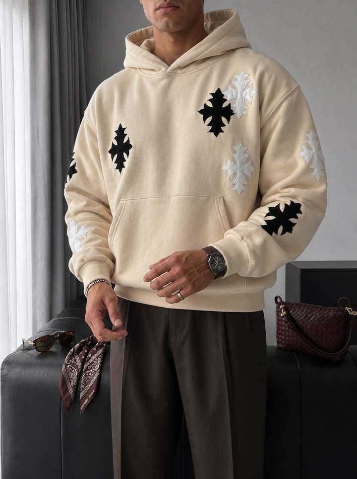 Oversize Gothic Cross Hoodie - Beige