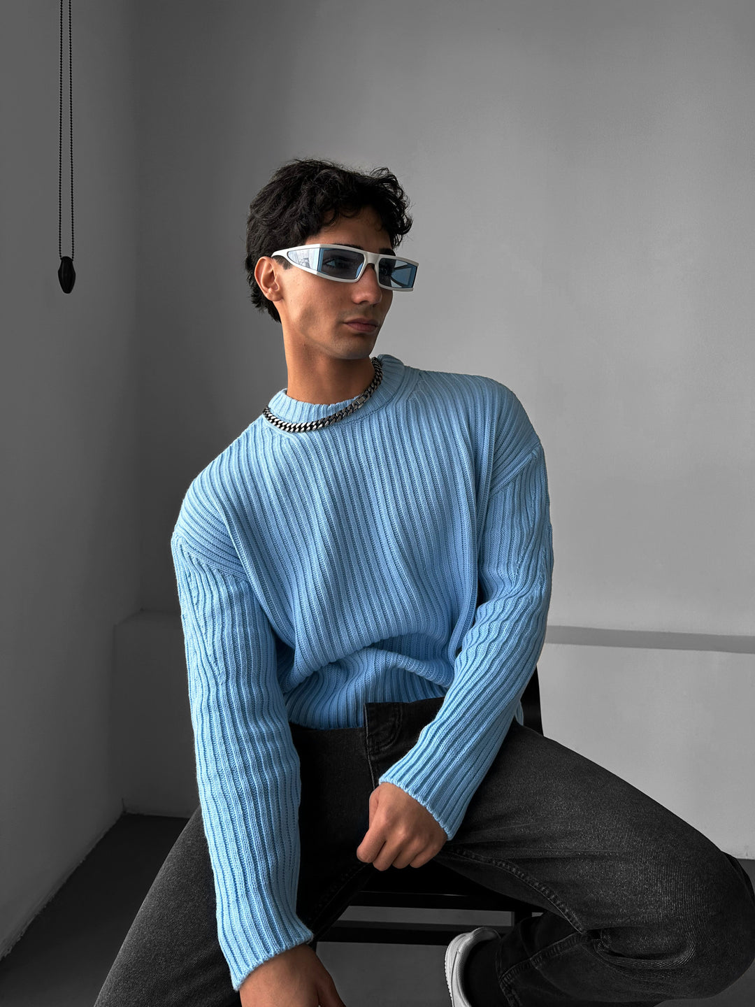 Loose Fit Striped Structure Pullover - Babyblue