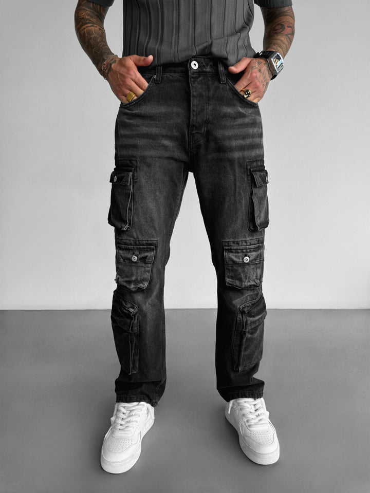 Baggy Cargo Washed Jeans - Black