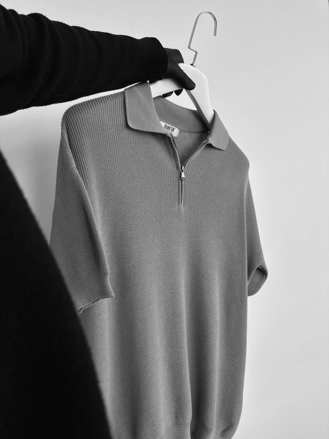 Oversize Zipper Knit Polo T-shirt - Grey