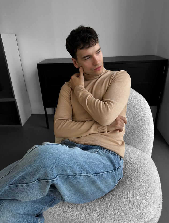 Slim Fit Long Neck Pullover - Beige