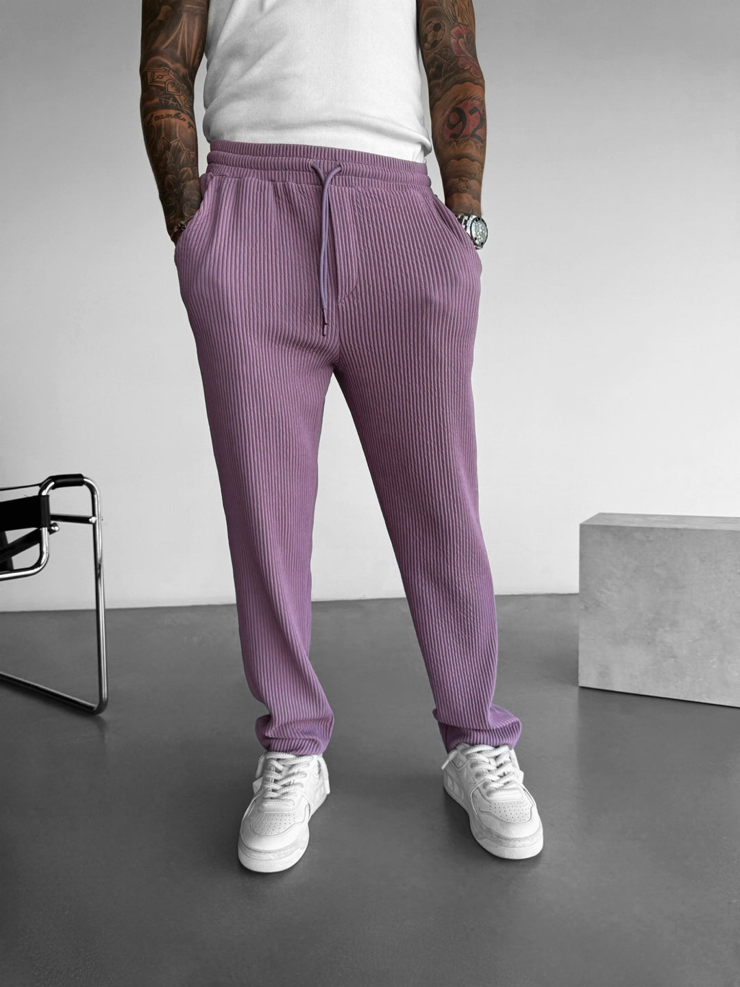 Loose Fit Ribbed Trousers - Elderberry