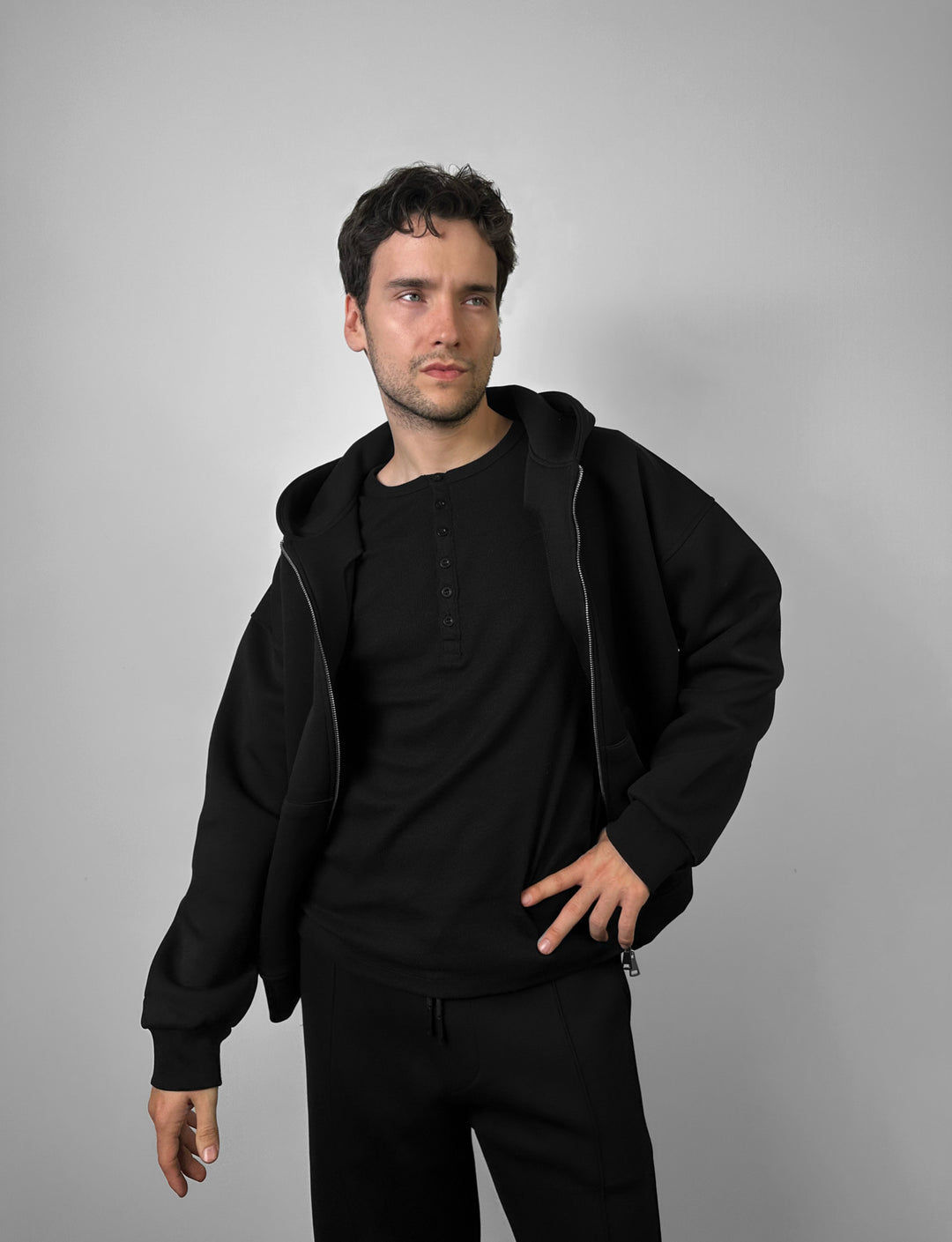 Loose Fit Double-Zip Hoodie - Black