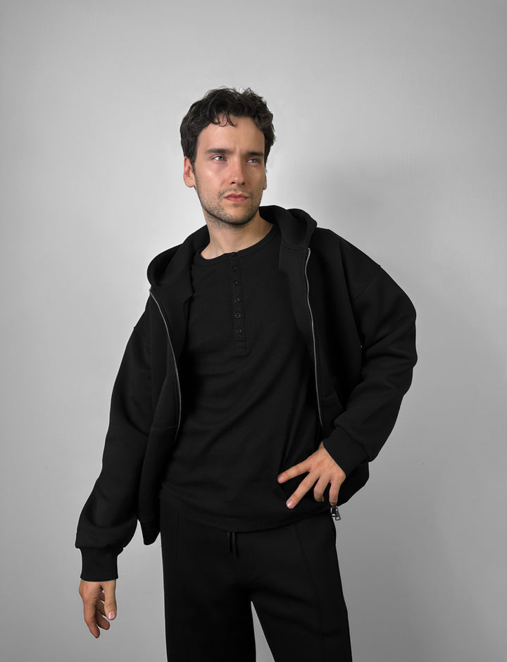 Loose Fit Double-Zip Hoodie - Black