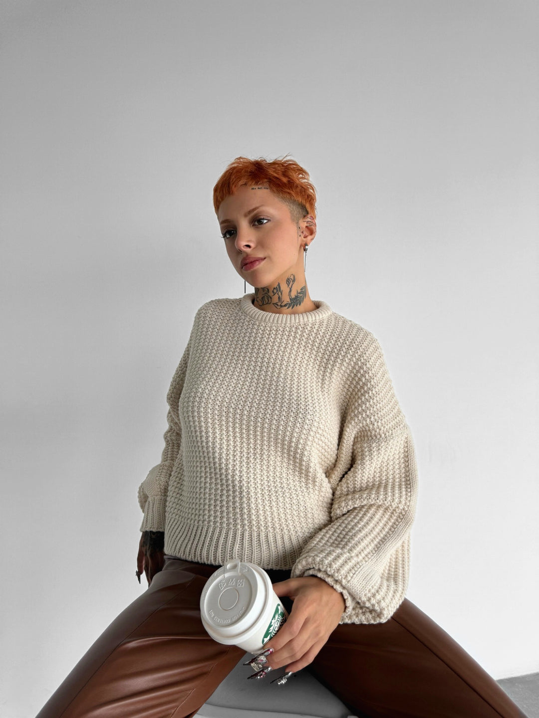 Oversize Puffer Arms Knit Sweater - Cremé