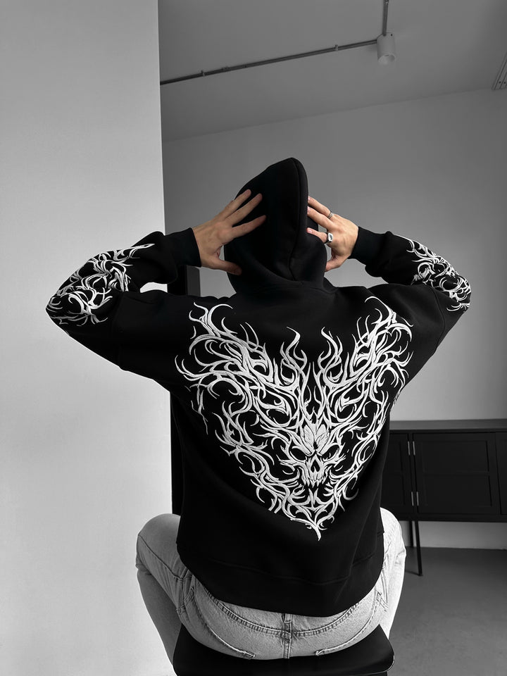 Oversize Tribal Skull Hoodie - Black