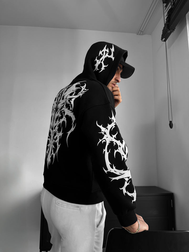 Oversize Skull Flame Hoodie - Black