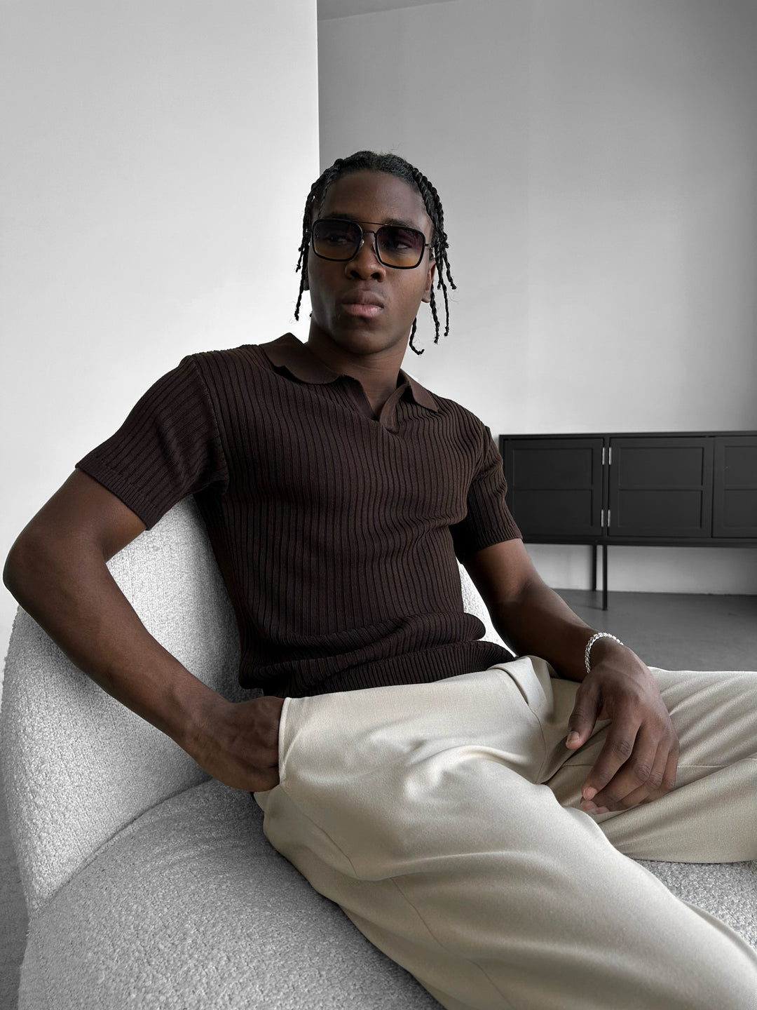 Slim Fit Knit Polo T-Shirt - Dark Brown