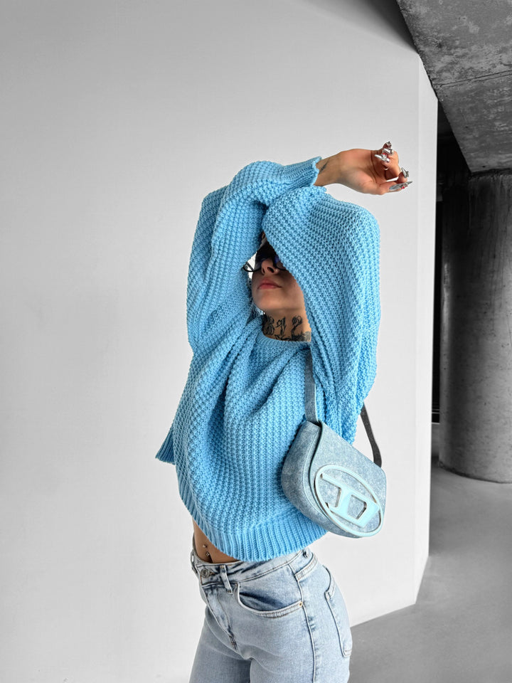 Oversize Puffer Arms Knit Sweater - Baby Blue