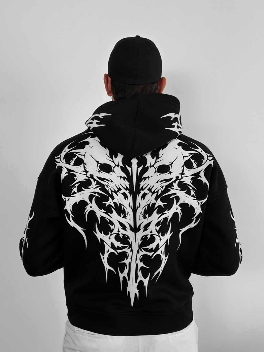Oversize Skull Flame Hoodie - Black