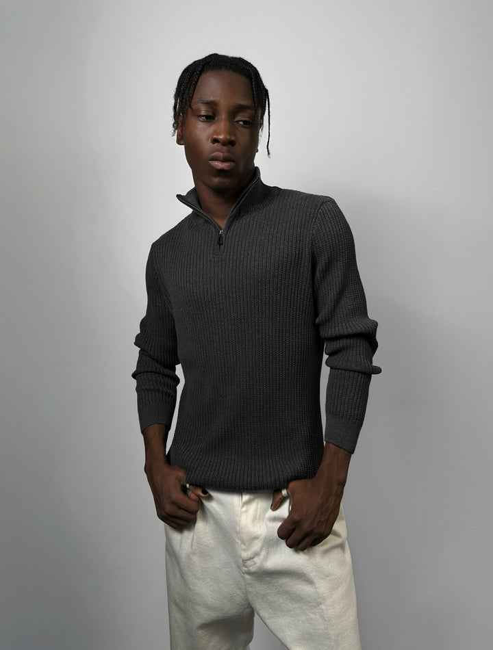 Slim Fit Half Zip Textured Sweater - Anthracite