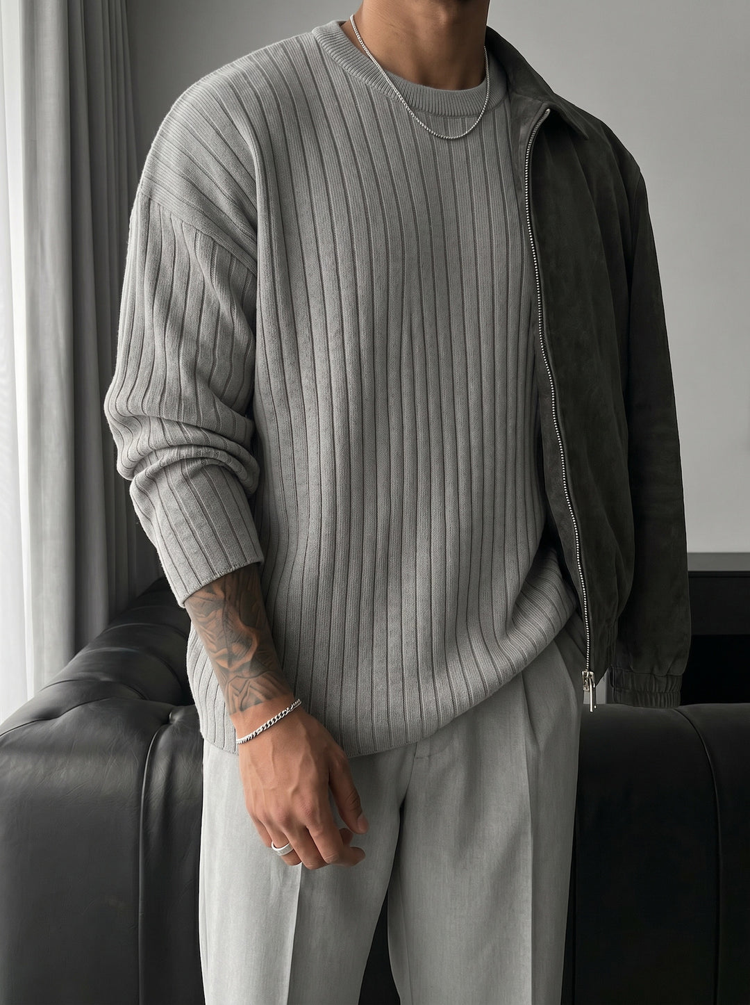 Oversize Wide Ribbed Long Arm Knit Sweatshirt - Grey