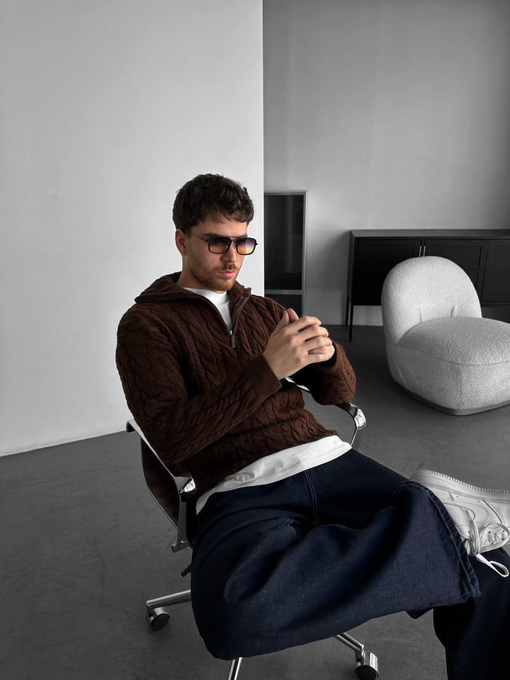 Oversize Collar Braid Zipper Pullover - Dark Brown